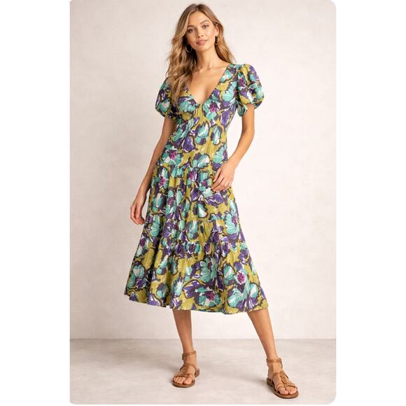 Anthropologie Puff Sleeve Tiered Midi Dress Green Blue Floral Statement Size L - Picture 4 of 10